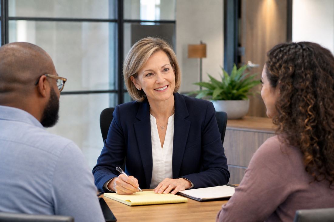 A mature, confident female attorney meeting prospective clients in a modern office.